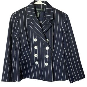 Lauren Ralph Lauren Blazer Women 4 Navy Blue Excellent Pinstripe Double Breast